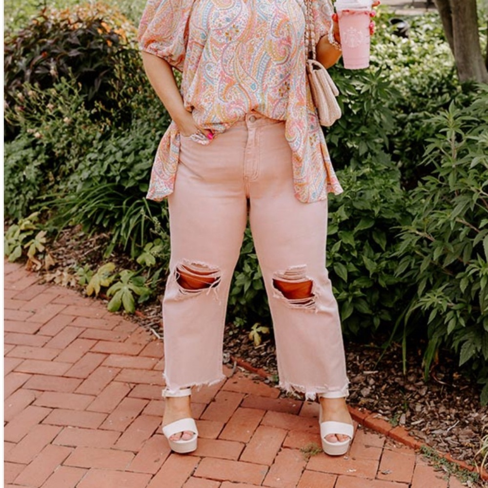 High Waist Distressed Straight leg Pink Distressed Jeans